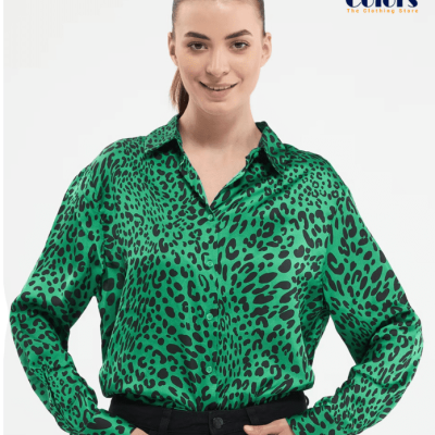 Animal print satin effect shirt green emerald