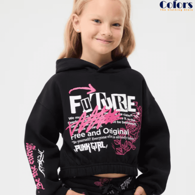 Black Cropped Hoodie with Punk Prints – Girl’s, Size 6-7 Years