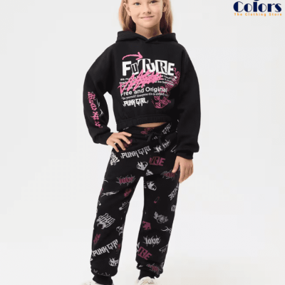 Black Cropped Hoodie with Punk Prints – Girl’s, Size 6-7 Years