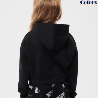 Black Cropped Hoodie with Punk Prints