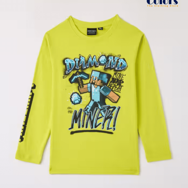 Crew Neck T-Shirt with Minecraft Print Yellow Lemon