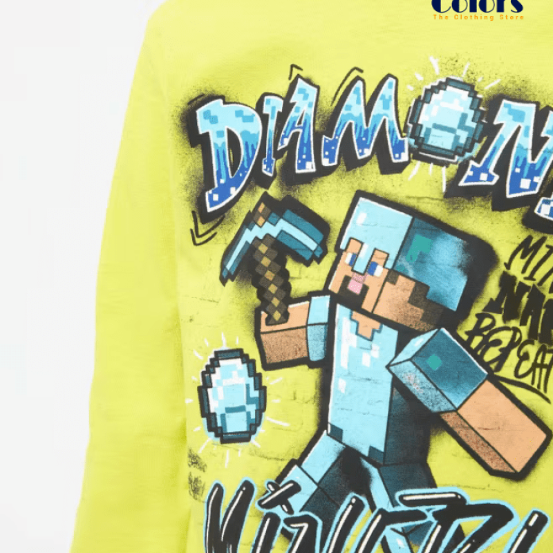 Crew Neck T-Shirt with Minecraft Print Yellow Lemon