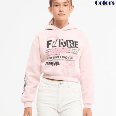 Cropped Hoodie – Girl’s Punk Print, Pink, Size 8-9 Years