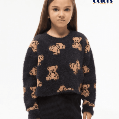 Faux Fur Cropped Jumper with Teddy Bears Var black