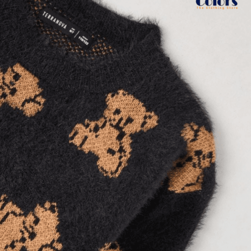 Faux Fur Cropped Jumper with Teddy Bears Var black