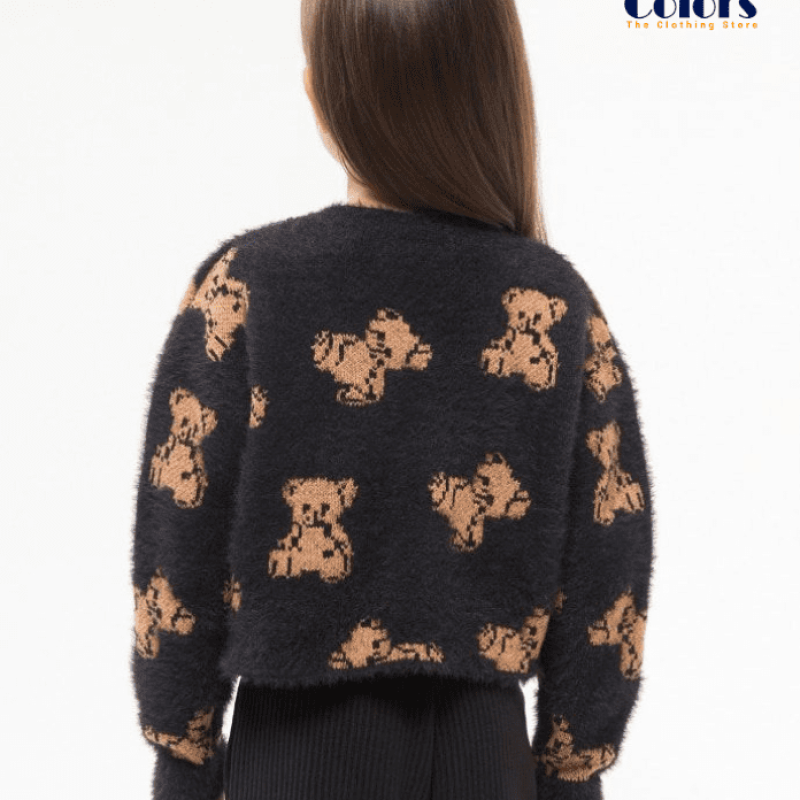 Faux Fur Cropped Jumper with Teddy Bears Var black