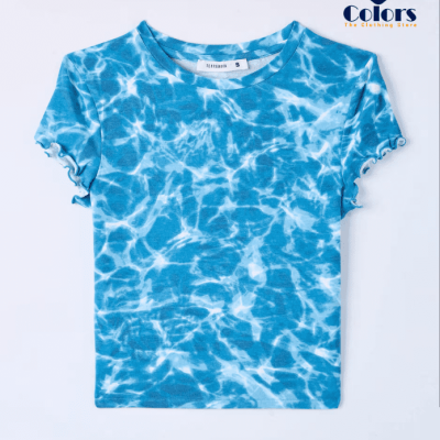 Fitted cropped T-shirt with tropical flowers Var sky-blue