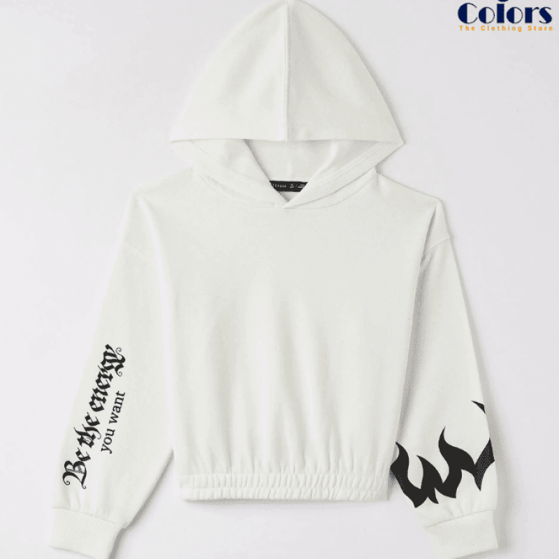 Stylish Girls Cropped Hoodie – White with Black Prints