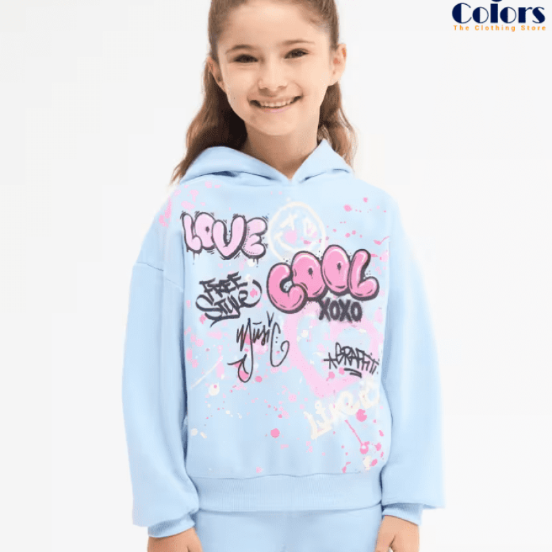 Hoodie Light Blue Hoodie with Graffiti Print – Girl’s, Size 6-7 Years