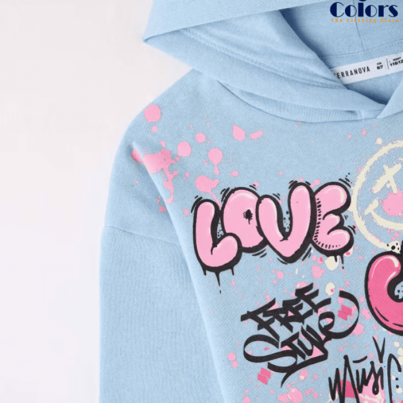 Hoodie Light Blue Hoodie with Graffiti Print – Girl’s, Size 6-7 Years