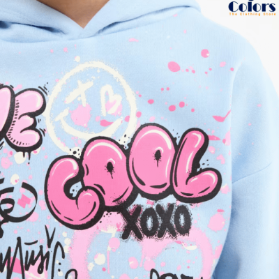 Hoodie Light Blue Hoodie with Graffiti Print – Girl’s, Size 6-7 Years