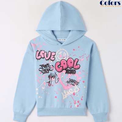 Hoodie Light Blue Hoodie with Graffiti Print – Girl’s, Size 6-7 Years