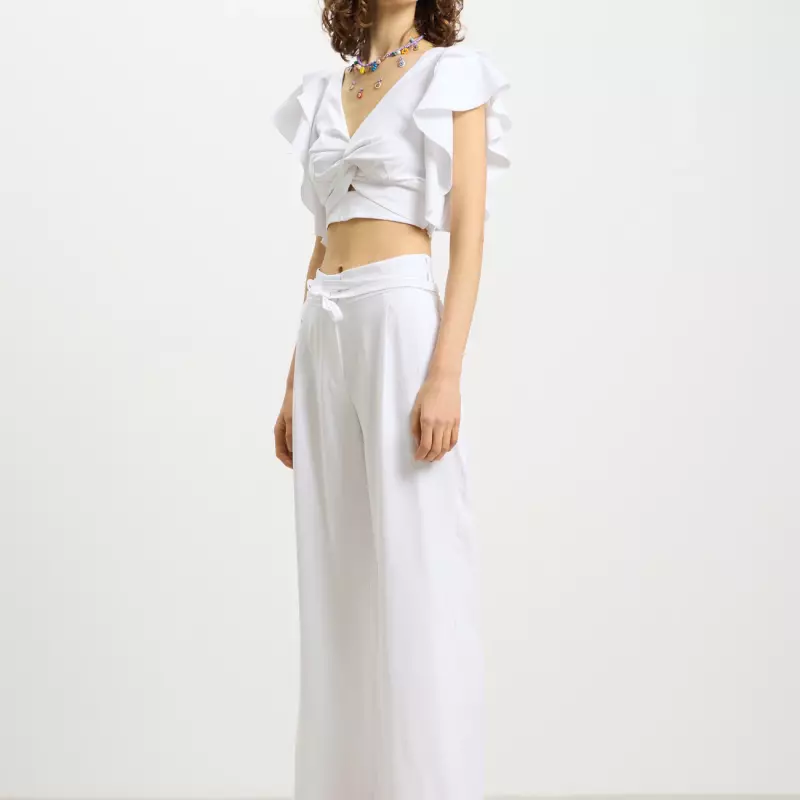 Optical White Curvy Line Trousers – Long Pants