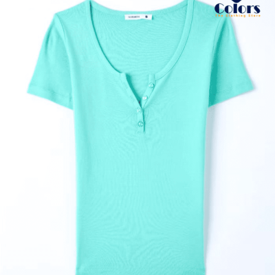 Ribbed T-shirt with a grandad neckline cyan