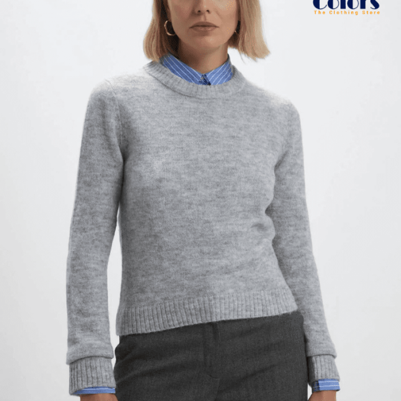 Solid Color Crew Neck Sweater for Woman