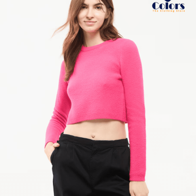 Women Faux Fur Crop Jumper Fuxia