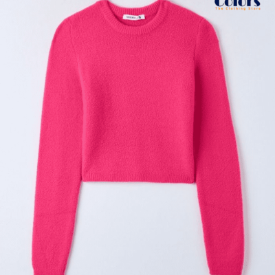 Women Faux Fur Crop Jumper Fuxia