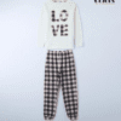 Long pyjama set with lettering and check pattern White wool